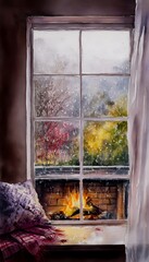 Naklejka premium Cozy autumn window view watercolor illustration fireplace warmth peaceful interior nature blurred serene atmosphere