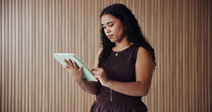 Creative agency, scroll and woman in office, tablet for social media and email for online publication. Person, copywriting and journalist in workplace, website info and tech for column submission