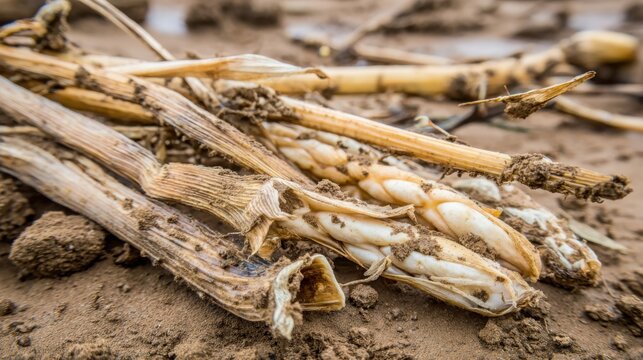 Close-up of finely decomposing herb stems and plant matter in dry soil