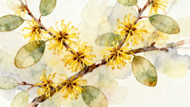 Vibrant Watercolor Witch Hazel Bloom - Early Spring Yellow Flowers for Nature Revival Design ,Elegant Watercolor Witch Hazel Illustration - Artistic Floral Sketch with Soft Wash Backdrop