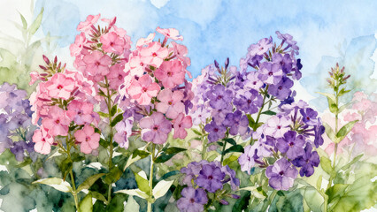 Obraz premium Vibrant Watercolor Garden Phlox - Lush Pink and Purple Blooms for Summer Floral Design ,Elegant Phlox Wildflower Illustration - Soft Watercolor Painting with Bright Blue Sky Background
