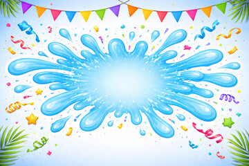 Obraz premium Party Decoration Banner with Water Splash and Confetti Colorful Songkran Festival Vector Background with Copy Space