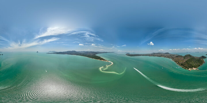 360 Degree Aerial Panorama of Laem Haad Beach at Koh Yao Yai, Thailand. Stunning Sandbar and Turquoise Ocean VR View.