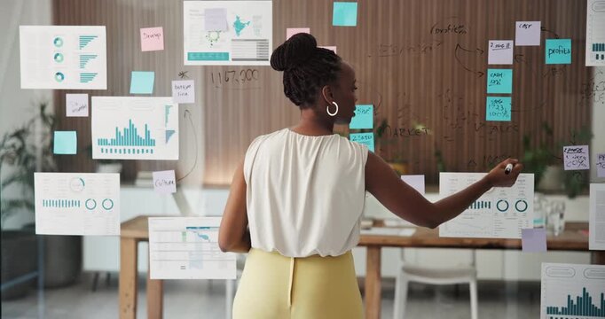 Woman, glass wall and writing with notes at office for planning, charts and back at marketing company. Person, board and review with graphs, stats and problem solving with statistics at media agency