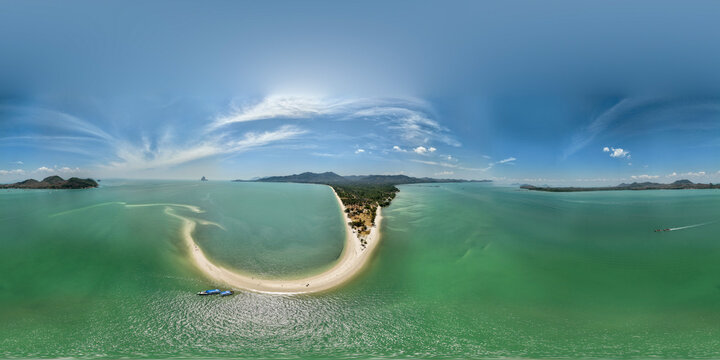 360 Degree Aerial Panorama of Laem Haad Beach at Koh Yao Yai, Thailand. Stunning Sandbar and Turquoise Ocean VR View.