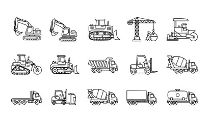 Heavy Equipment Outline Icons Editable Stroke Industrial Truck and Trailer Vector Set © Shakib