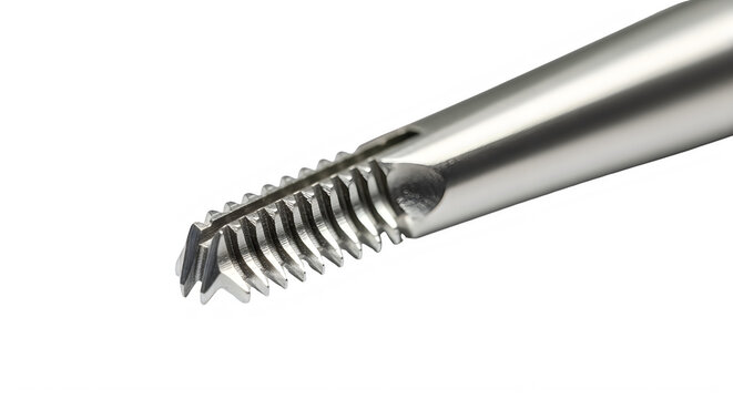 Closeup of a metal screw thread with sharp ridges and smooth cylindrical body transparent background