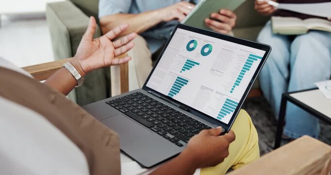 Team, online and hands with laptop screen in office, data analysis or performance review on website. Wealth manager, collaboration and people with tech for risk assessment, graphs and financial plan