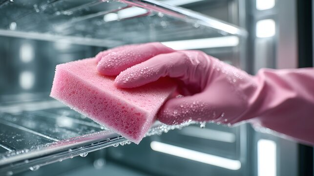 Refrigerator cleaning close up with a pink sponge and glove in cool silver and blush tones