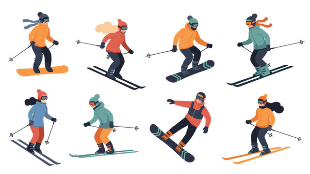 Set of people skiing and snowboarding wearing colorful winter sports gear and goggles isolated on white background for winter activities.