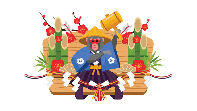 Traditional Japanese New Year illustration featuring a monkey dressed in a blue kimono and straw hat holding a golden lucky hammer.