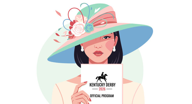 Elegant woman in wide hat holding Kentucky Derby 2026 official program, fashionable spectator portrait, stylish flat vector illustration of race day event