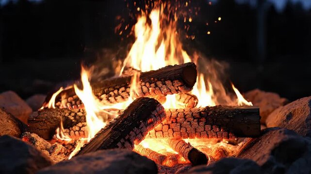 Cozy Campfire Burning at Night, Close-Up Slow Motion Firewood and Sparks, Outdoor Bonfire Atmosphere