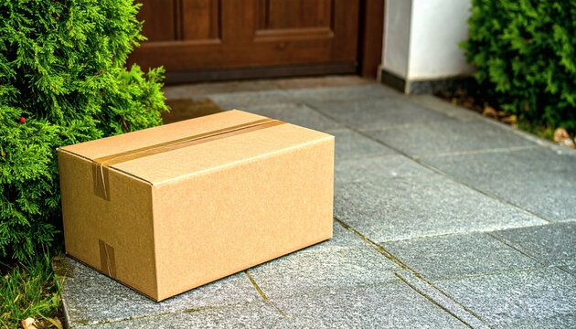 Cardboard box delivered at the front door step