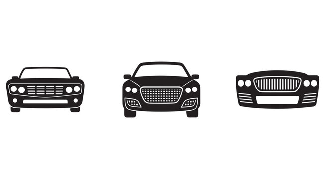 Black car silhouettes with grills and headlights facing forward on white background
