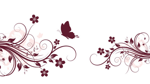 Elegant dark red floral swirl design featuring cherry blossoms and a flying butterfly on a clean minimal white background.