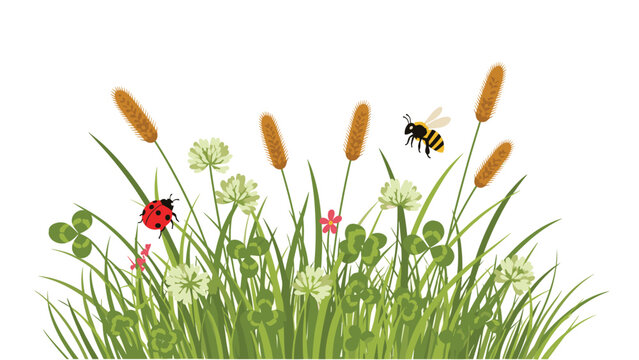 Vibrant nature scene features green grass, wild flowers, a ladybug on a leaf, and a honeybee flying in a bright sunny meadow.