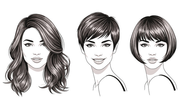 Three detailed portraits of a woman showcase different stylish hairstyles including long waves, a pixie cut, and a classic bob.