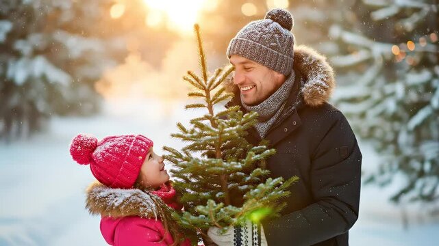 Happy father and little daughter holding a small Christmas tree in snowy winter forest