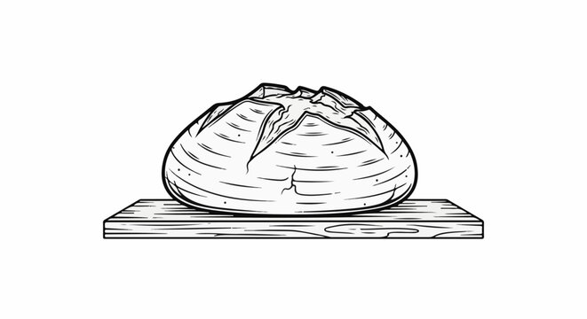A black and white sketch of a round loaf of bread on a wooden board