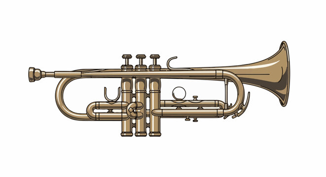 A brass trumpet with three valves and a bell, isolated on a white background