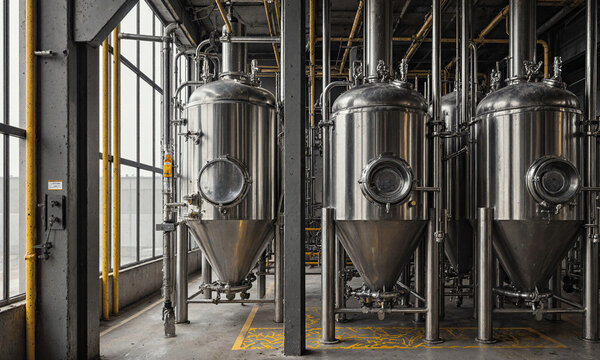 Brewery stainless tanks stand in an abandoned industrial facility with large glass windows and complex metal pipe systems under soft natural light