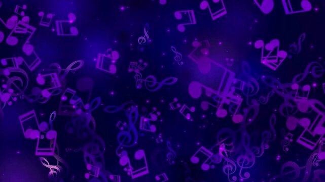 Abstract purple musical notes floating on a blue background animation.