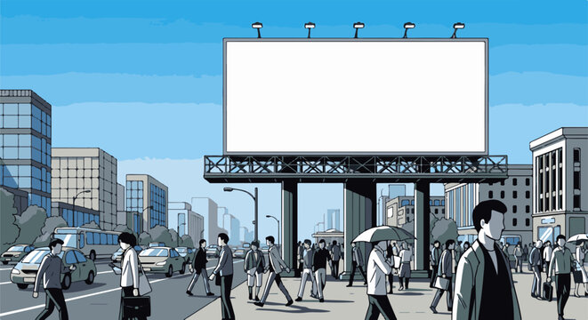 A busy city street scene unfolds with people, vehicles, and a large blank billboard