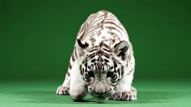 White tiger cub in green studio.