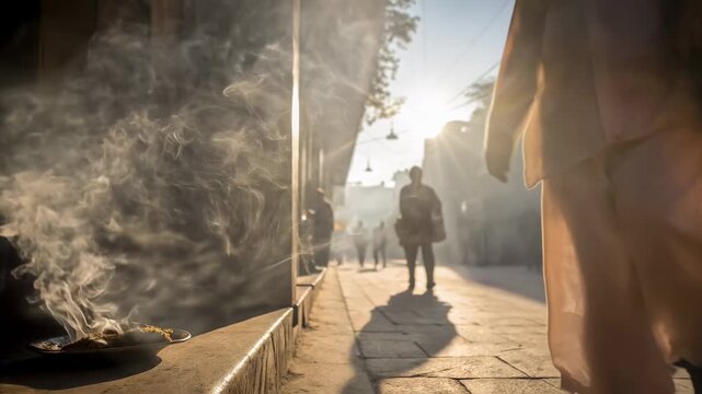Spiritual Indian Street Scene Incense Smoke Wafting Through Air as People Walk by in Warm Morning Sunlight