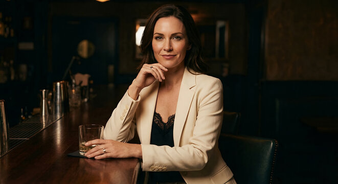 A woman in a cream blazer sits at a bar with a drink in front of her.