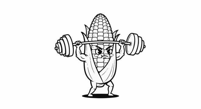 A cartoon ear of corn with a face lifts weights