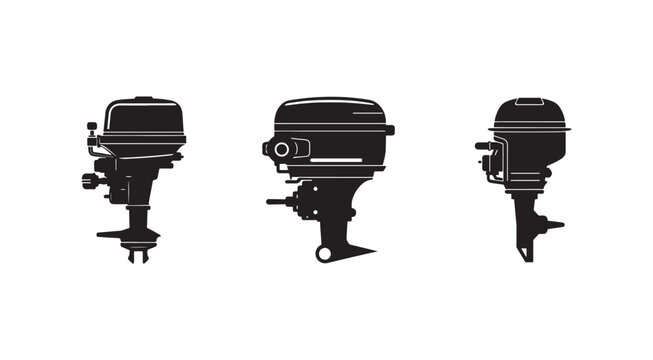 Outboard boat motors in black silhouette on white background  marine engines for watercraft  propulsion systems