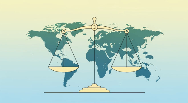 Global balance scale with world map on gradient background symbolizing justice and equality worldwide