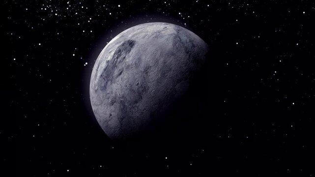 Planets generated Ceres with full night sky and distant stars horizontal all the video with cosmic movement