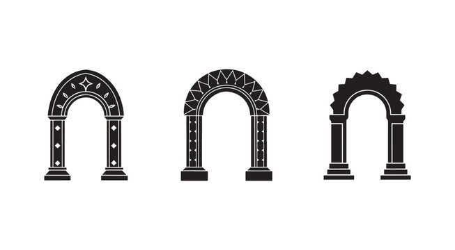 Three black and white architectural arches with decorative designs and columns on white background  old and historic structures