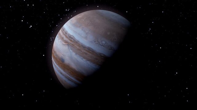 Planet Jupiter in the sky with black background horizontal all the video with rotating galaxy in motion