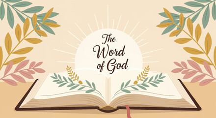 Obraz premium Open bible with leaves and the word of god text on a beige background with sunburst
