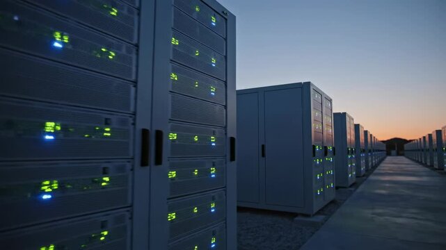 Rows of illuminated storage units in a data center at dusk, showcasing the progression of technology and infrastructure in a modern environment