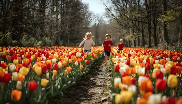 Three happy children running through a vibrant field of colorful tulips on a sunny day