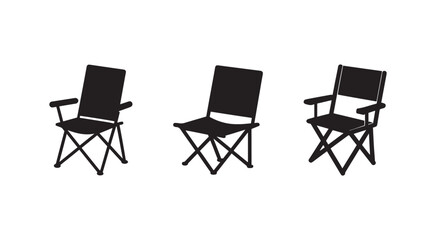 Fototapeta premium Three black director chairs with armrests and folding legs in different positions on white background office furniture