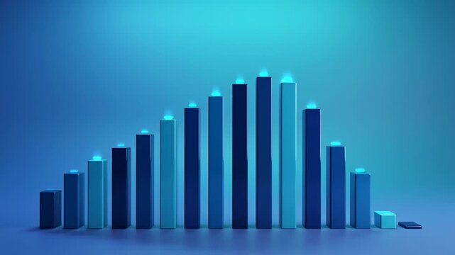 Colorful bar graph with ascending heights and glowing tops, set against a blue gradient background, illustrating data trends and growth in a visually appealing manner