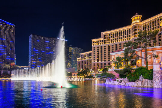 Las Vegas, USA - December 12 2025: The Fountains of Bellagio water show at night.