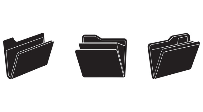Three black file folders with white outlines in different orientations on white background for organization and storage concepts