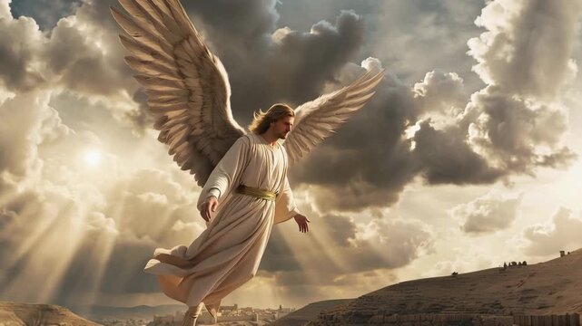 Archangel Gabriel descending through glowing clouds