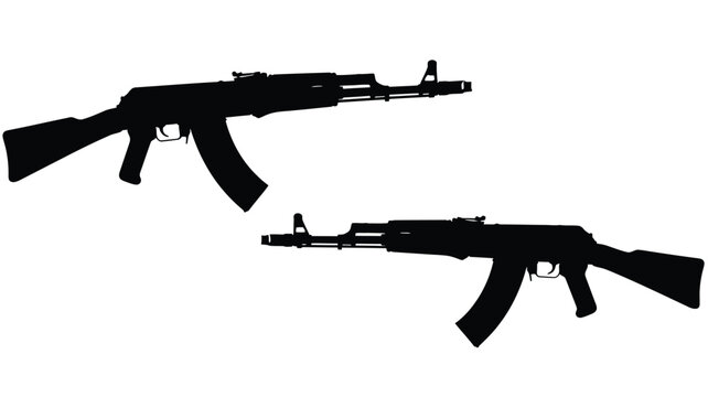 Two black silhouettes of ak 47 assault rifles displayed against a white background silhouette