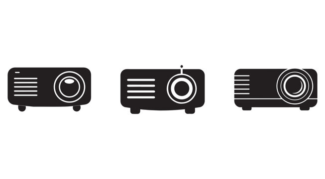 Three black projector icons with white outlines on white background  various projector designs