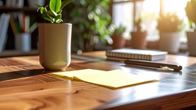 Wooden desk with office supplies.