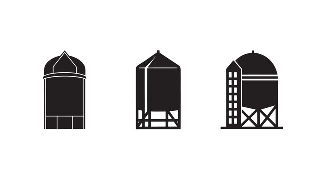Three black silo icons in different designs on white background  farm storage structures