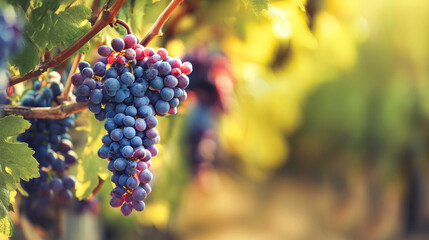 Fototapeta premium Bunches of purple grapes dangle from vines in an organic vineyard during golden hour with blurred green leaves and sunlight creating a warm setting